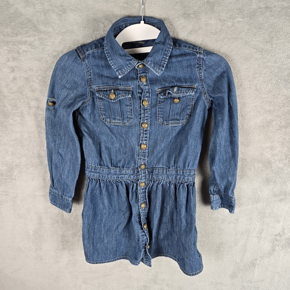 Polo Ralph Lauren Kids Blue Denim Shirt Dress Gold Buttons Size 7 Long Sleeve